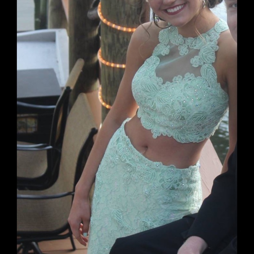 JOVANI mint green two piece prom dress